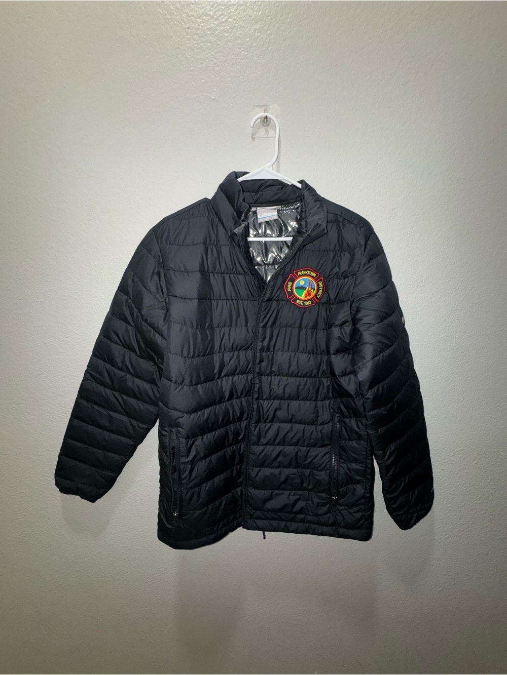 Columbia Black Quilted Puffer Jacket with Fire Department Patch